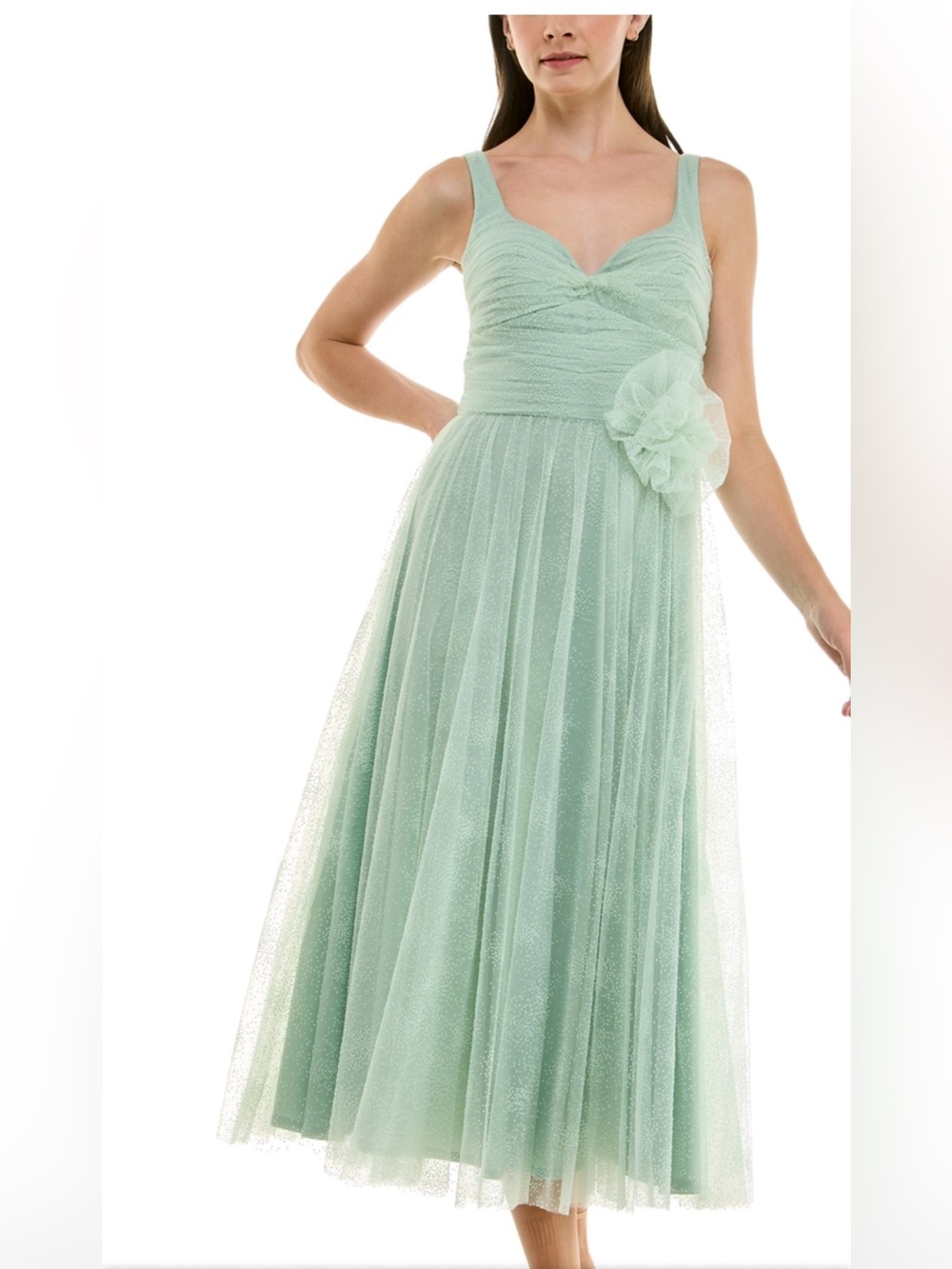 Taylor Mint Green Tulle Midi Dress with Floral Waist Detail